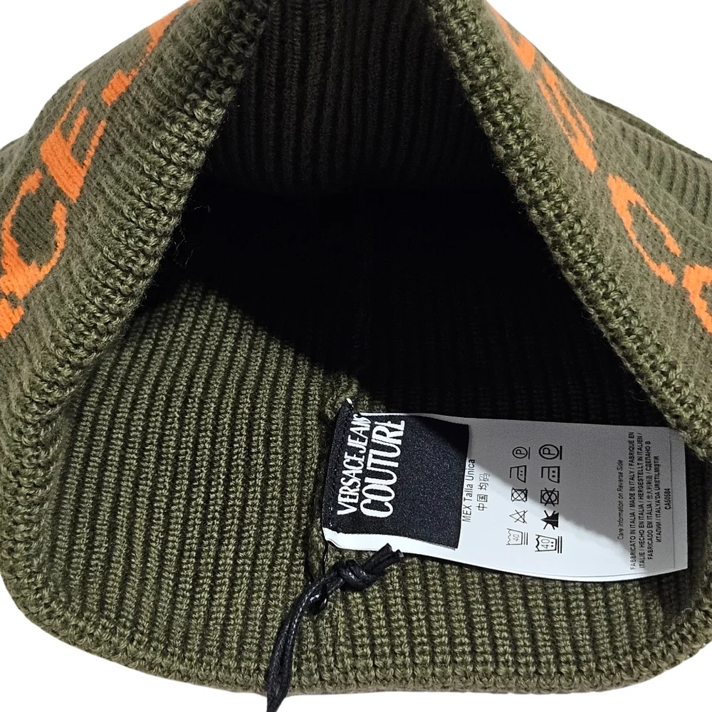 Versace Jeans Hat Beanie Dark Olive Orange Wool Blend Logo Designer